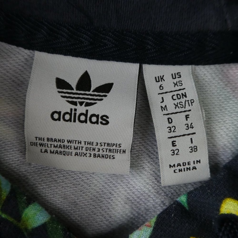 Adidas Sweatshirt Hood Floral Crop Trefoil Navy Ribbed Knit Cuffs Waistband XS - Picture 7 of 9